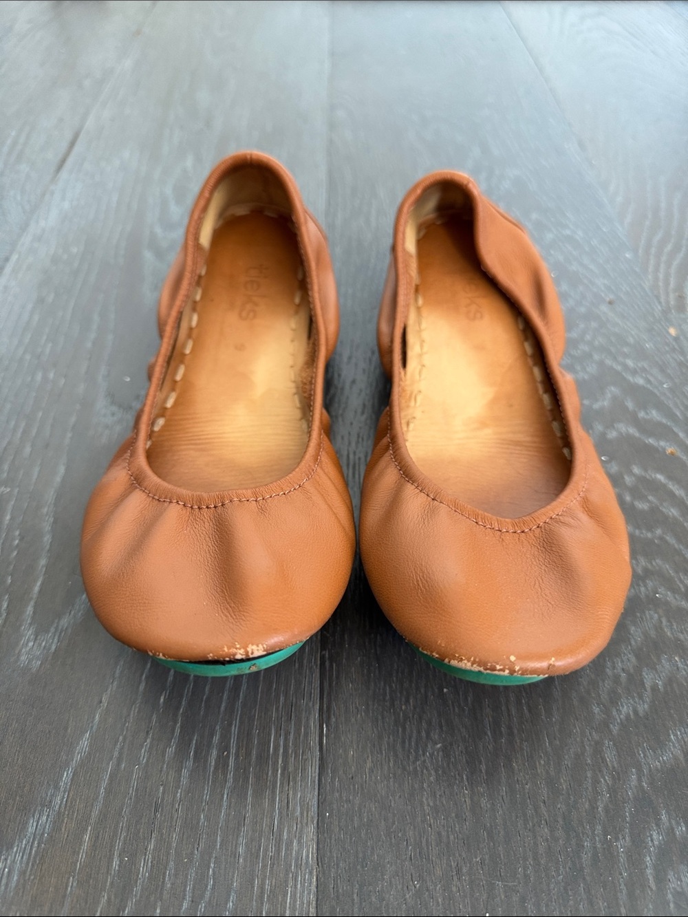 Tieks Cognac Leather Ballet Flats with Teal Soles